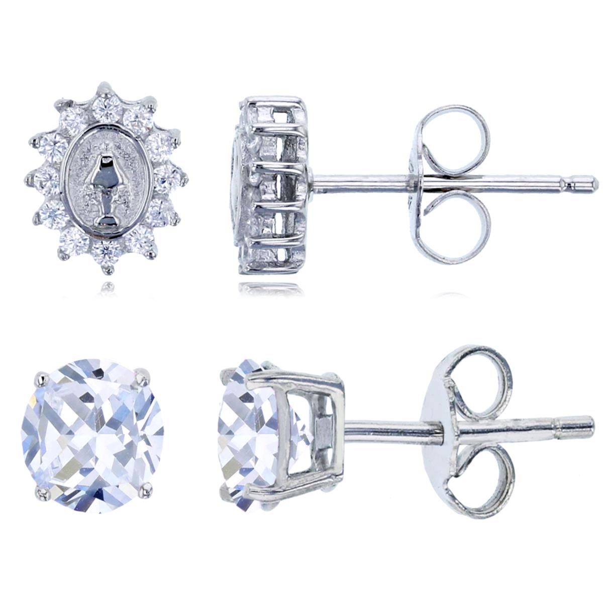 Sterling Silver Rhodium 5X4MM;4MM Polished White CZ Religious & Solitaire St Earring Set