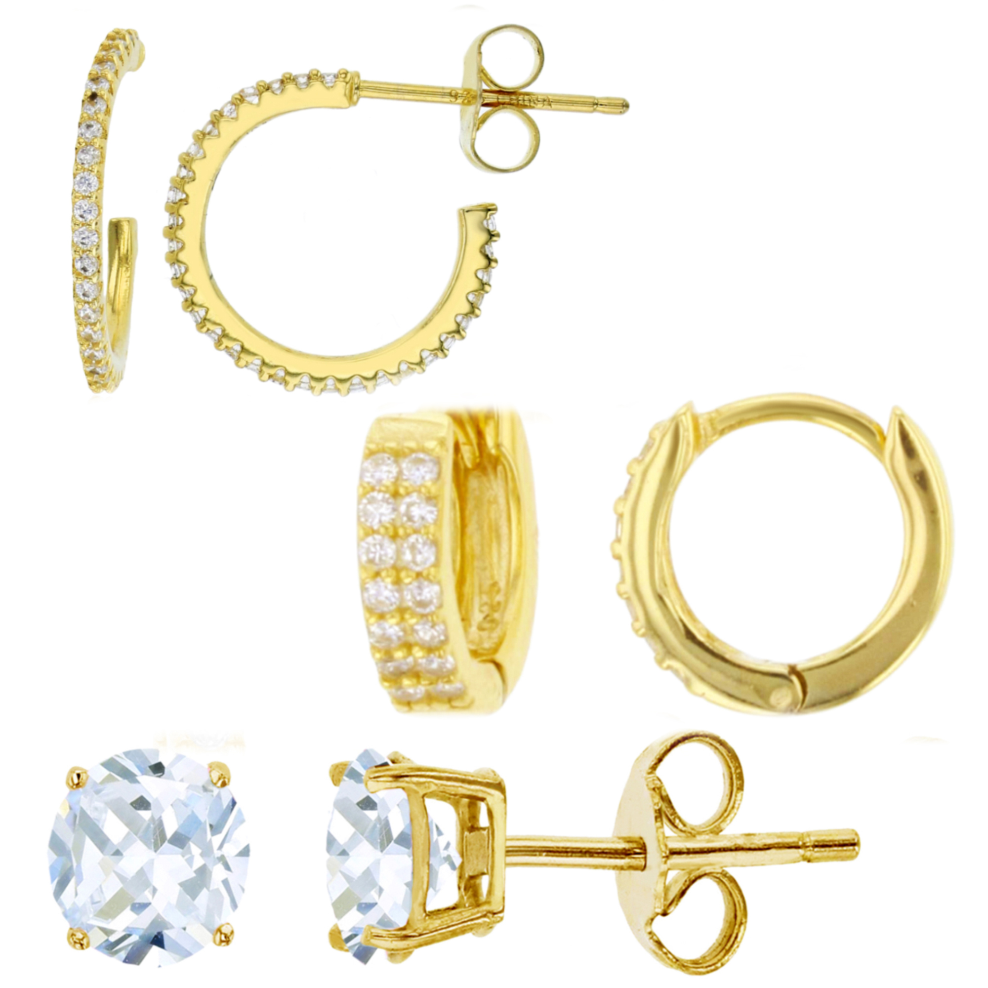 Sterling Silver Yellow 16X1.3;10X2.5;4MM Polished White CZ Micropave H/Huggie & Stud Earring Set