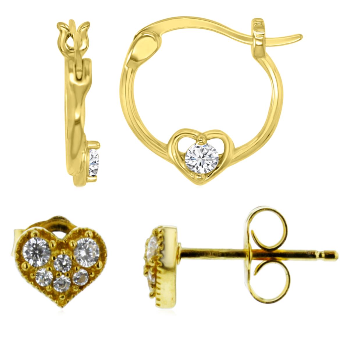 Sterling Silver Yellow 5.75X7;14MM Polished White CZ Heart Huggie & Stud Earring Set
