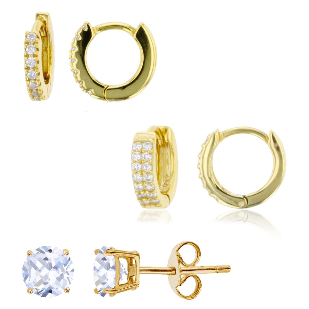 Sterling Silver Yellow 2.50X12MM;8X3;4MM Polished White CZ Huggie & Stud Earring Set