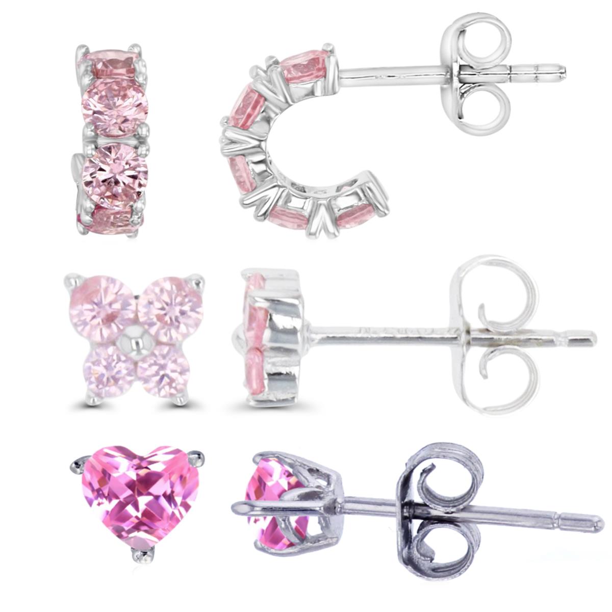 Sterling Silver Rhodium 8X3;5X4.5;4X4MM Polished Pink CZ Pave C Butterfly & Heart Earring Set