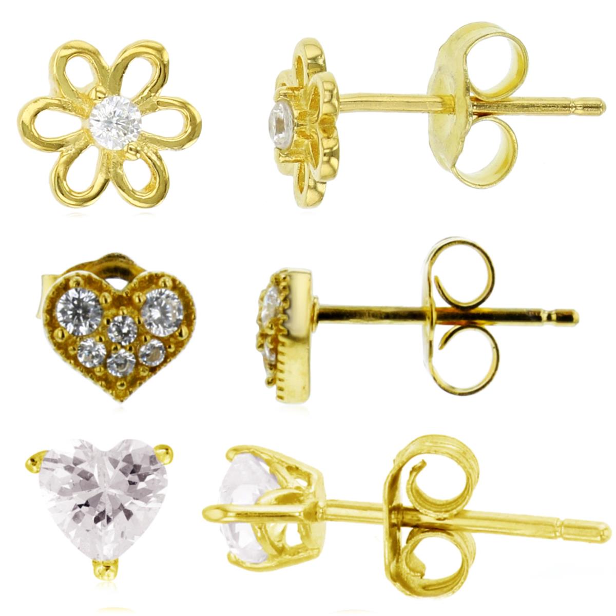 Sterling Silver Yellow 4X4;7X6;5.75X7MM Polished White CZ Heart Huggie & Stud Earring Set