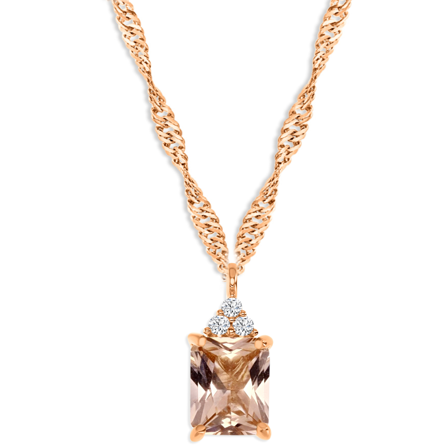 Sterling Silver Rose 1M 8X6MM Polished Morganite & White CZ Emerald Cut Dangling Singapore 18+2''Necklace