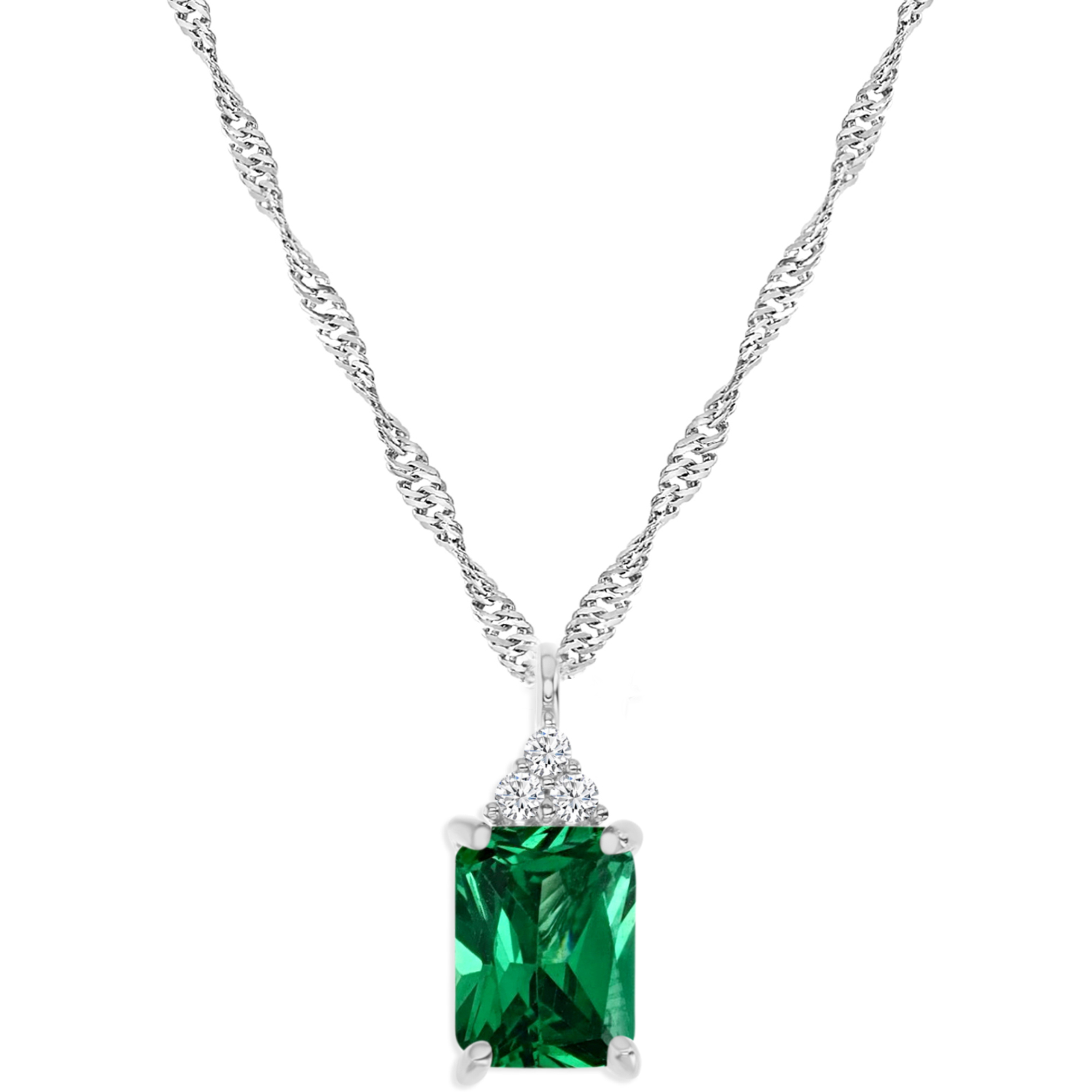 Sterling Silver Rhodium 8X6MM Polished Green & White CZ Emerald Cut Dangling Singapore 18+2''Necklace