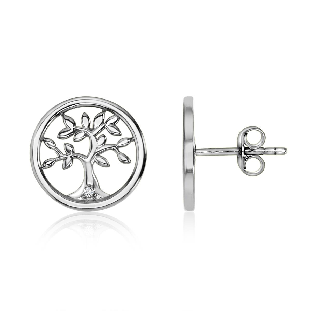 Sterling Silver Rhodium 15MM Polished White CZ Tree Of Life Stud Earrings