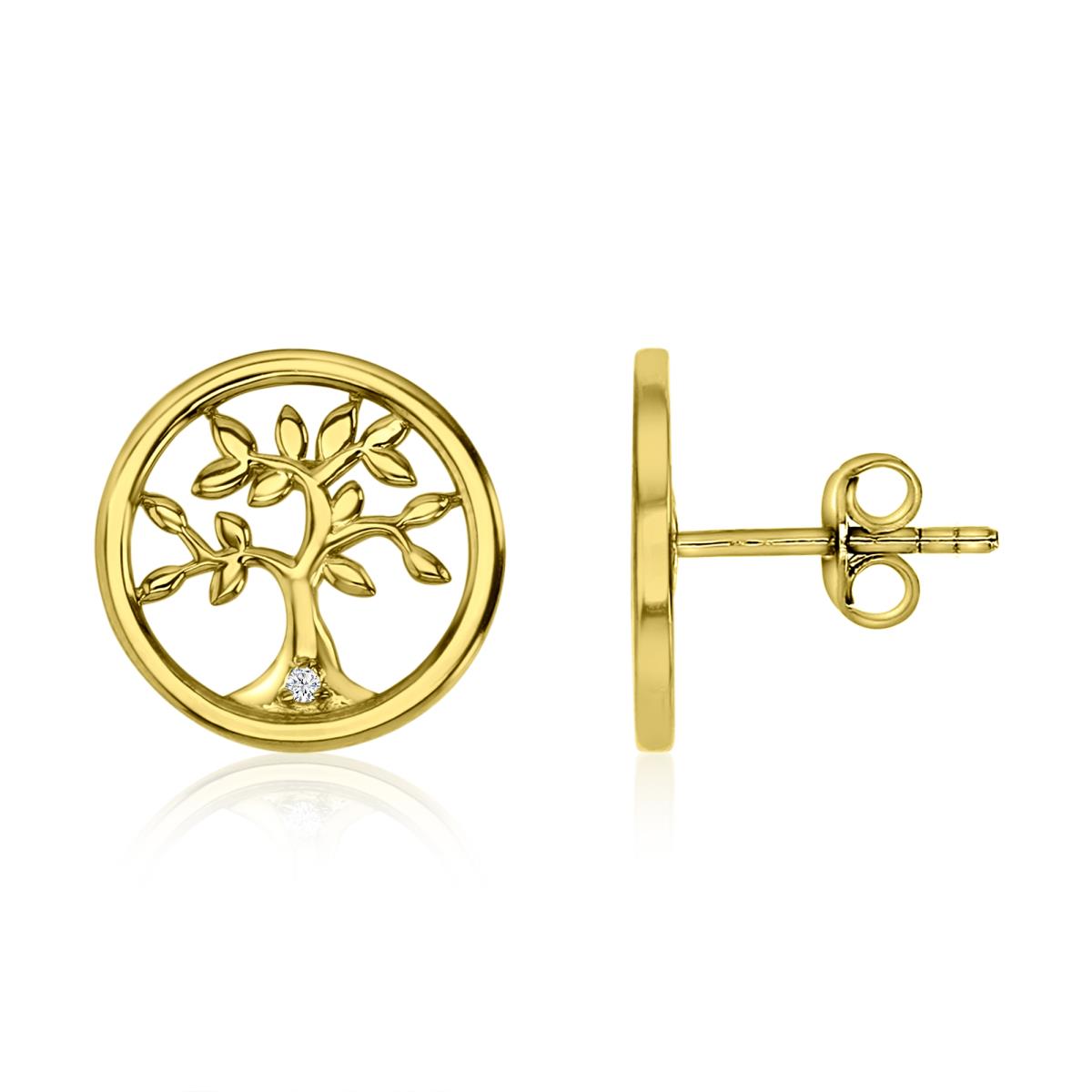 Sterling Silver Yellow 15MM Polished White CZ Tree Of Life Stud Earrings