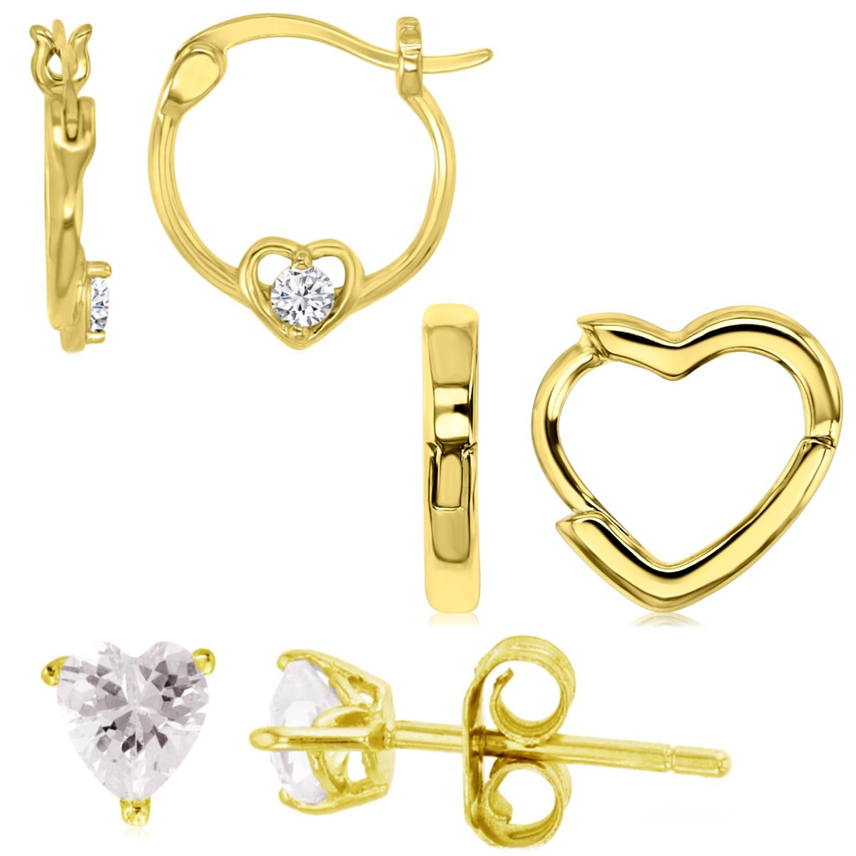 Sterling Silver Yellow 14;11X10;4X4MM Polished White CZ Heart Huggie & Stud Earring Set