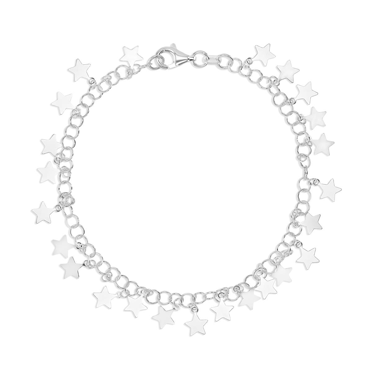 Sterling Silver Rhodium 5MM Polished Dangling Stars 7" Bracelet