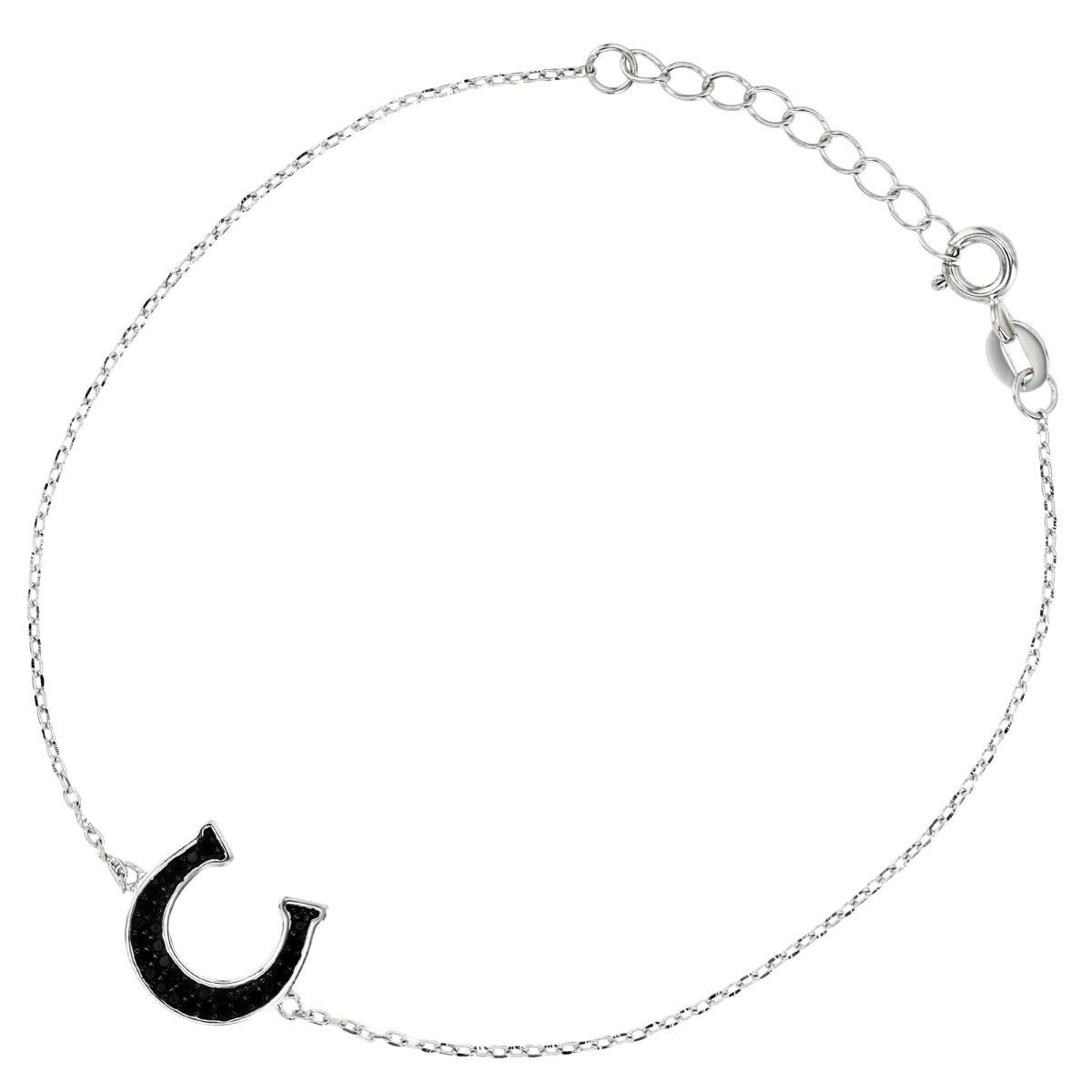 Sterling Silver Rhodium 12MM Polished Black CZ Lucky Horse Shoe 16+2'' Necklace