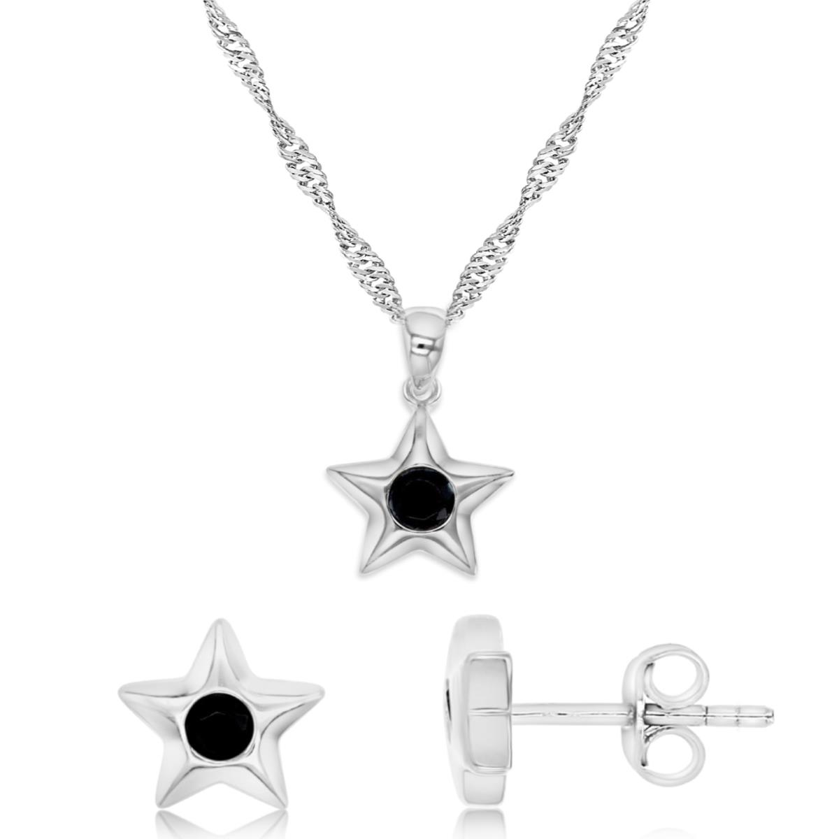 Sterling Silver Rhodium 9;7MM Polished Black Spinel Star Necklace & Earring Set