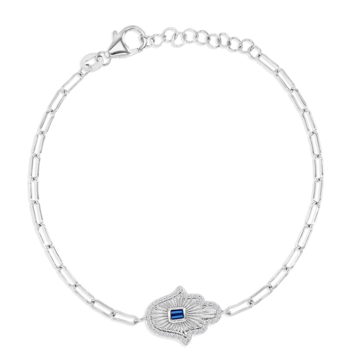 Sterling Silver Rhodium 21X13MM Polished Cr Blue Spinel & White CZ Hand Of Luck Paperclip 7+1" Necklace