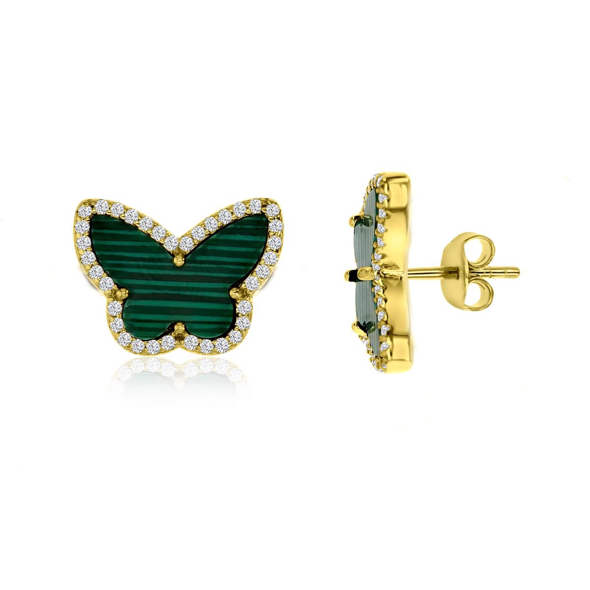 Sterling Silver Yellow 9X12X2.50mm Simulated Malachite Butterfly Stud Earring