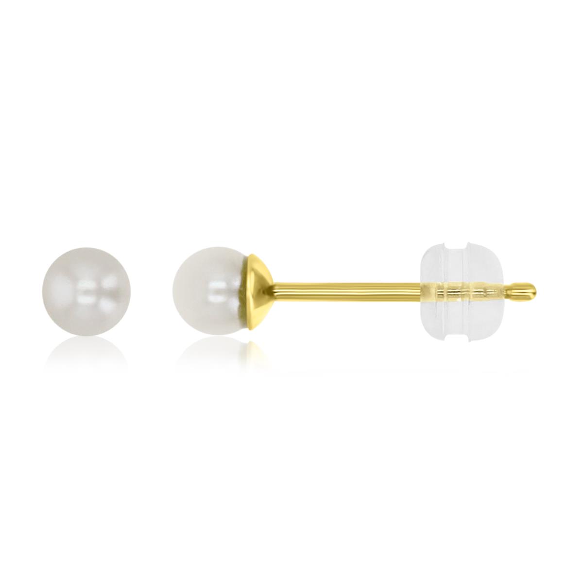 14K Yellow Gold Polished 3MM White Fresh Pearl Stud Earrings