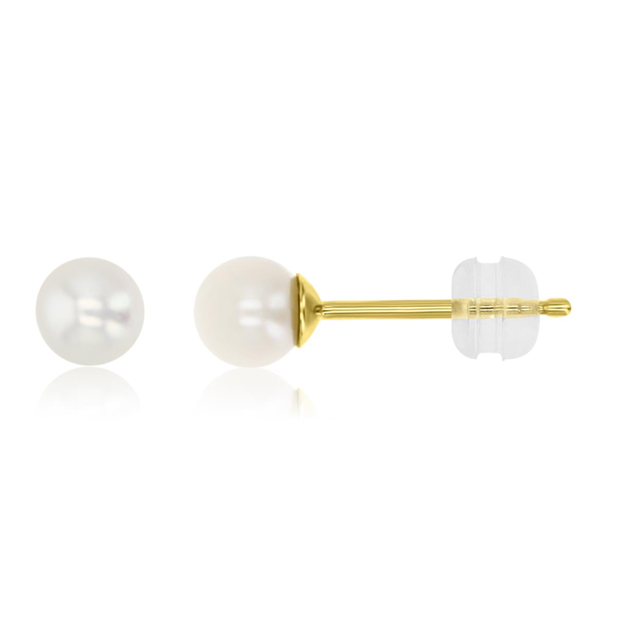 14K Yellow Gold Polished 4MM White Fresh Pearl Stud Earrings