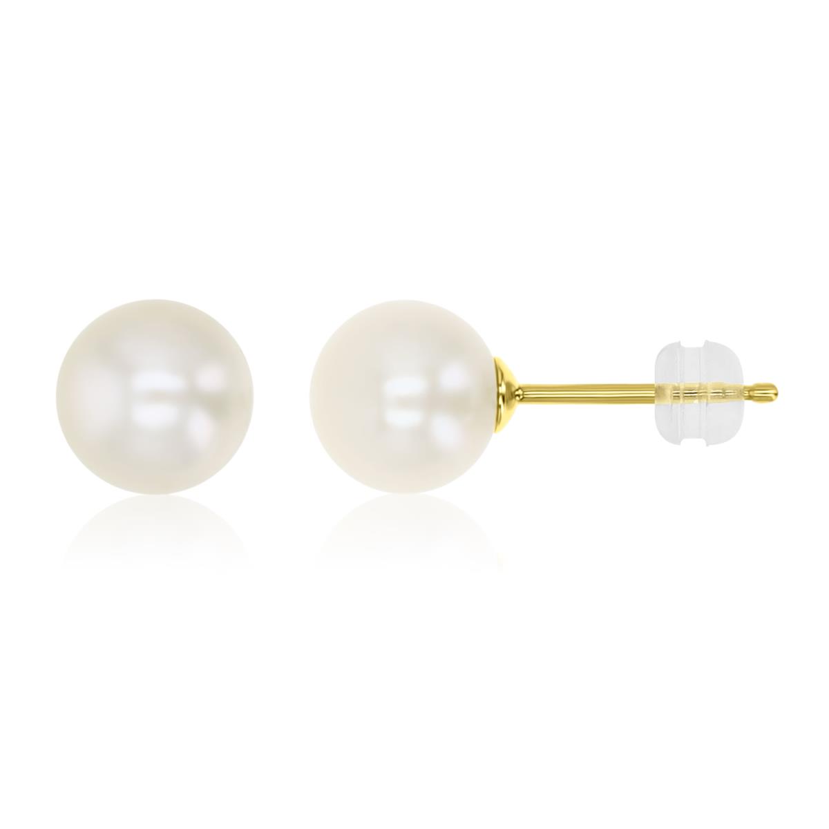 14K Yellow Gold Polished 7MM White Fresh Pearl Stud Earrings