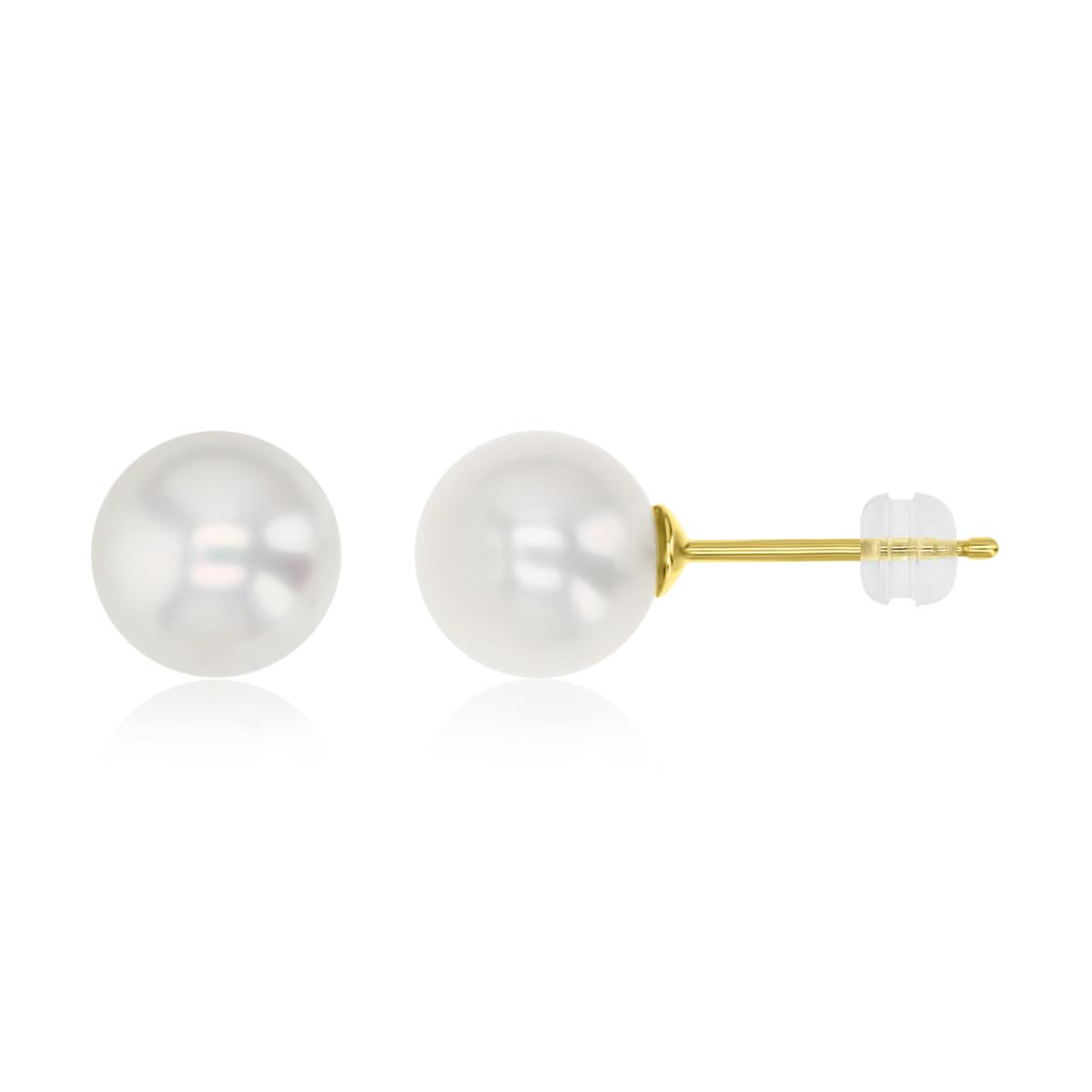 14K Yellow Gold Polished 8MM White Fresh Pearl Stud Earrings
