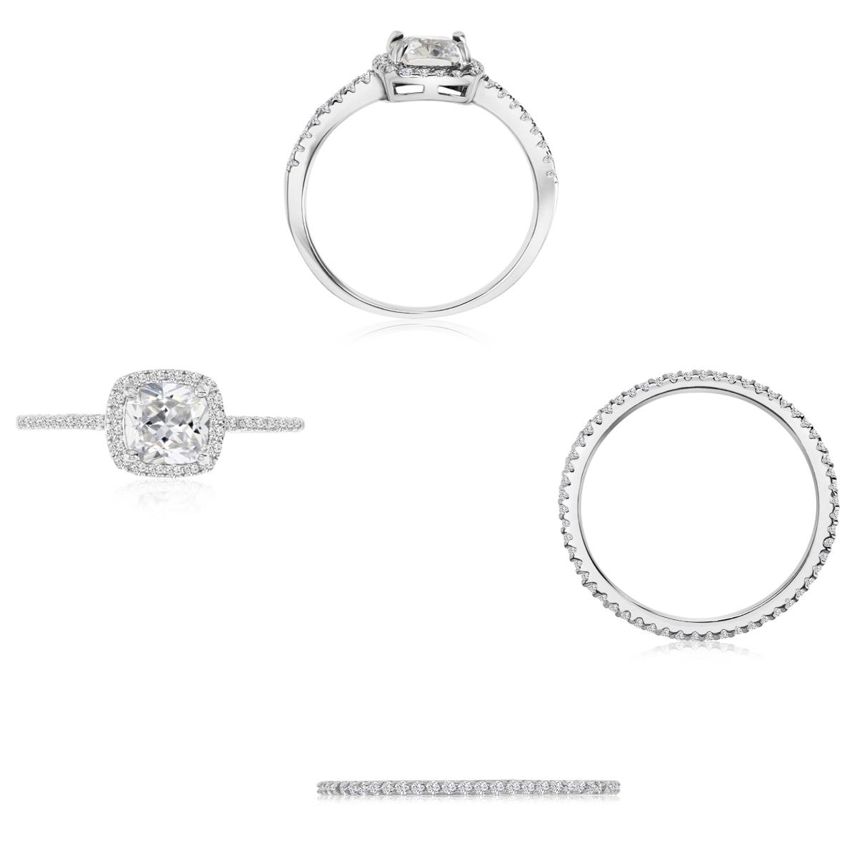 Sterling Silver Rhodium 1MM 6MM Polished White CZ Solitaire & Pave Engagement Ring Set