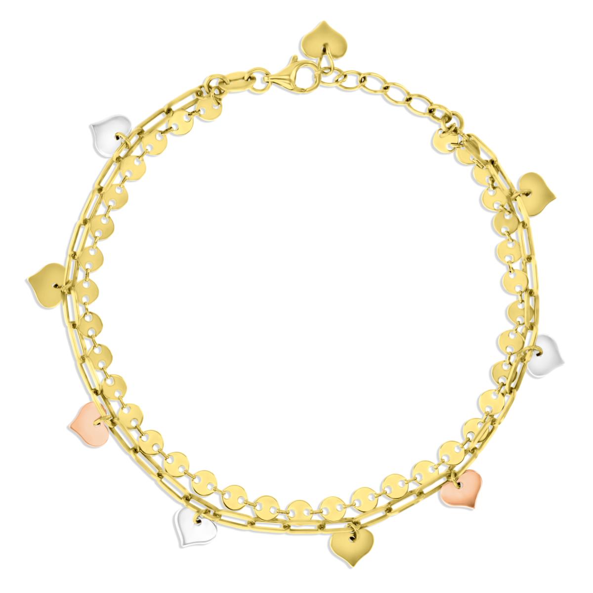 14K Tricolor Gold 7X2MM  4MM Polished Dangling Hearts Paper Clip & Valentiono Double 6+1" Bracelet