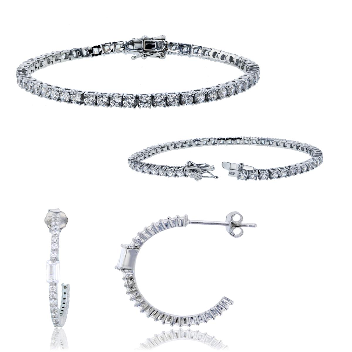 Sterling Silver Rhodium 2MM Tennis Bracelet & Half Hoop Earrings Set