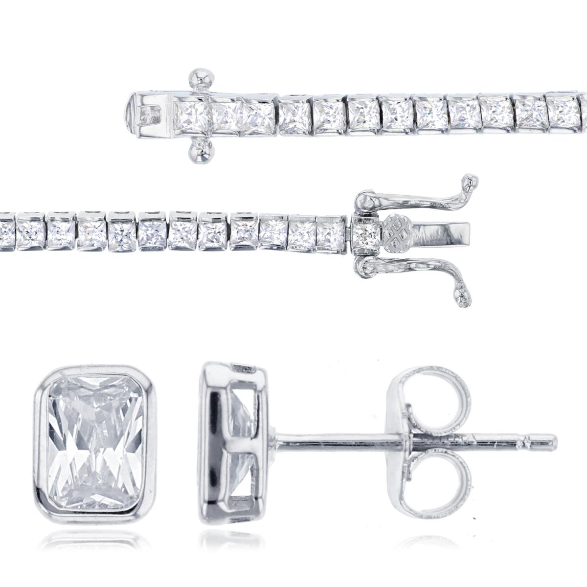 Sterling Silver Rhodium 2MM Tennis Bracelet & 6X6MM Bezel Earrings Set