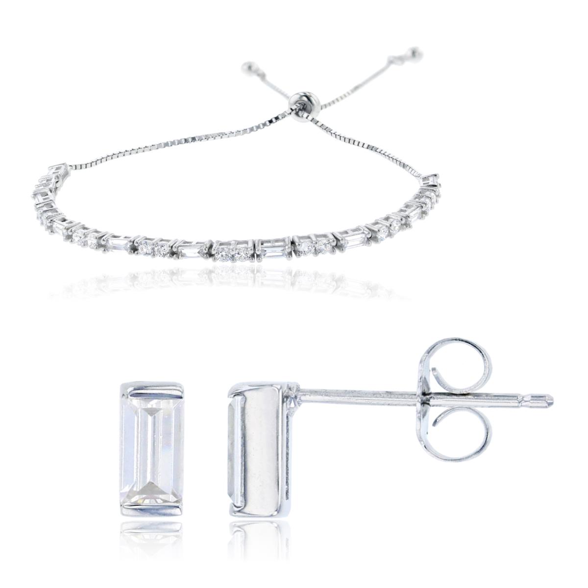 Sterling Silver Rhodium Baguette Bracelet & 6X3MM Earrings Set