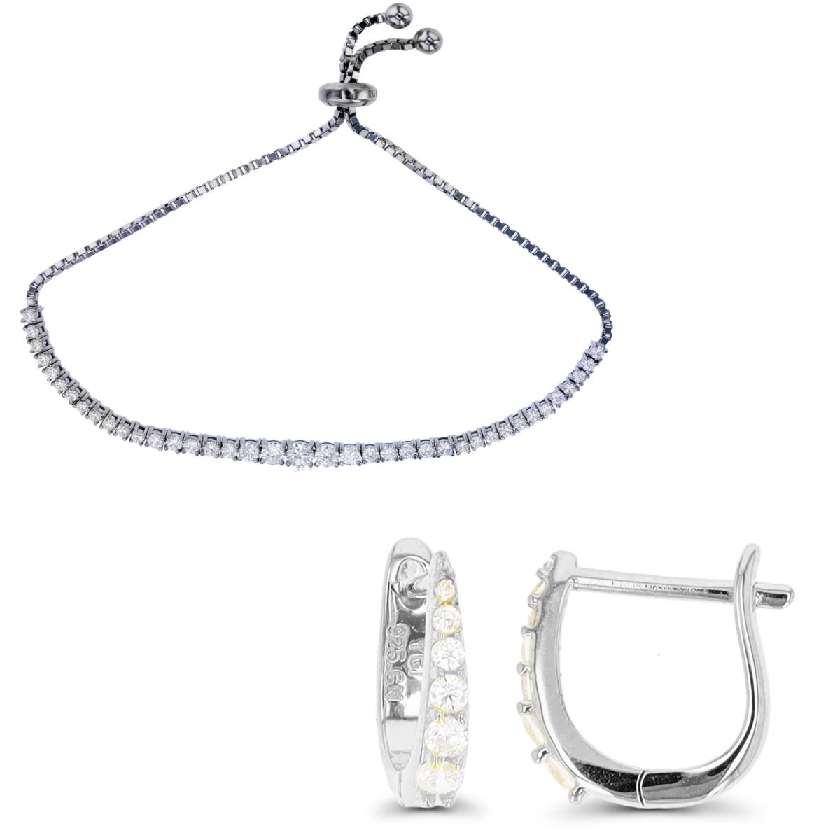 Sterling Silver Rhodium 2.20-4.20MM Tennis Bracelet & 11X2MM Latchback Earrings Set