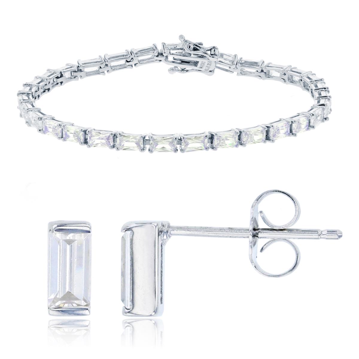 Sterling Silver Rhodium 7MM Tennis Bracelet & 6X3MM Baguette Earrings Set