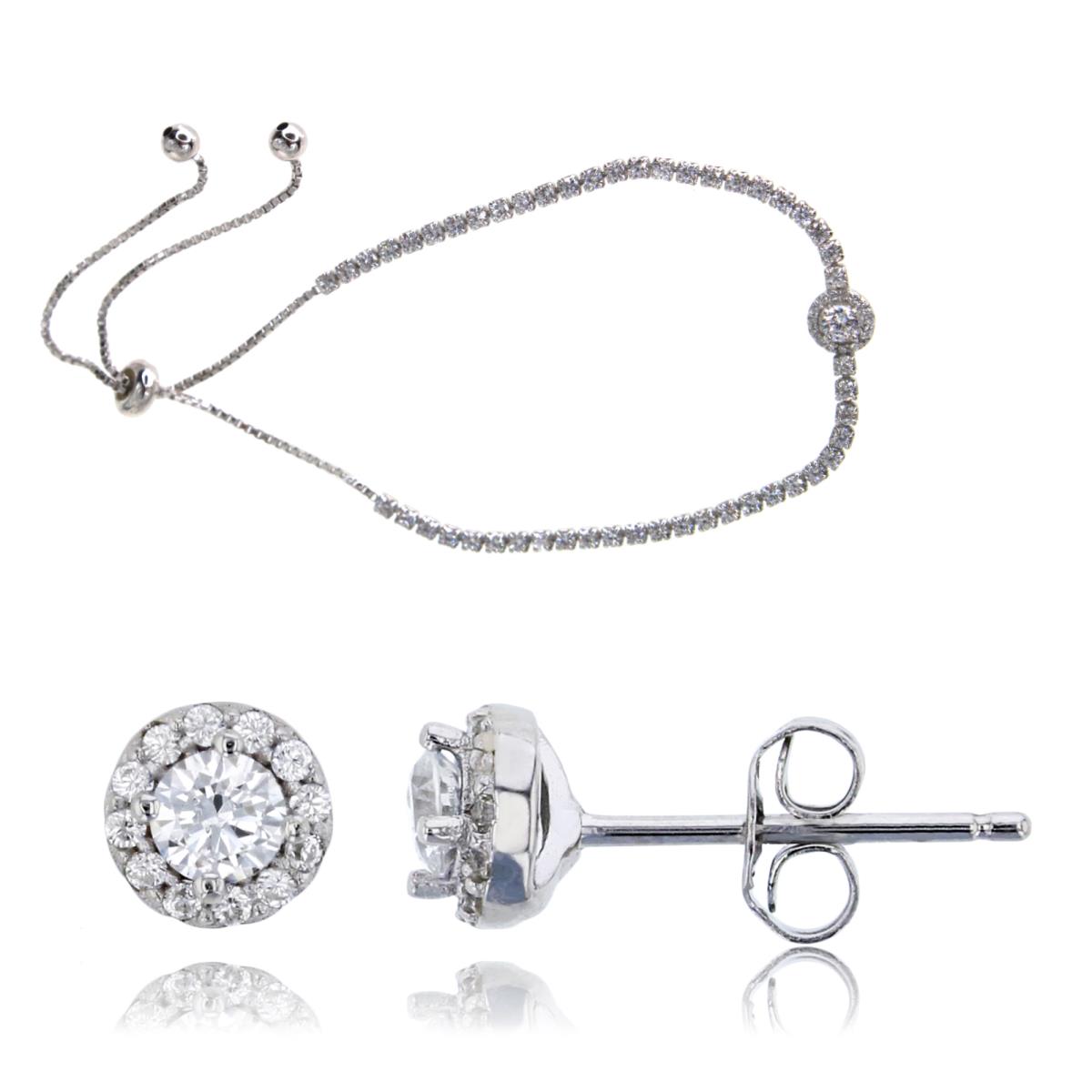 Sterling Silver Rhodium 6.50MM Bracelet & 6X6MM Earrings Set