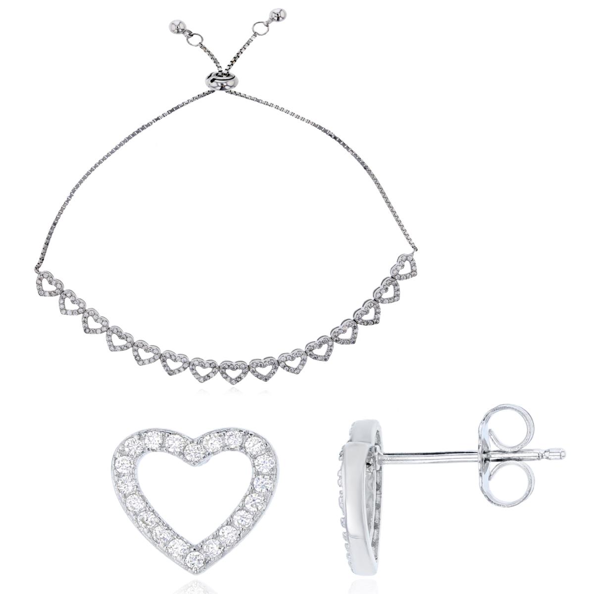 Sterling Silver Rhodium Heart Bracelet & Pave Heart Earrings Set