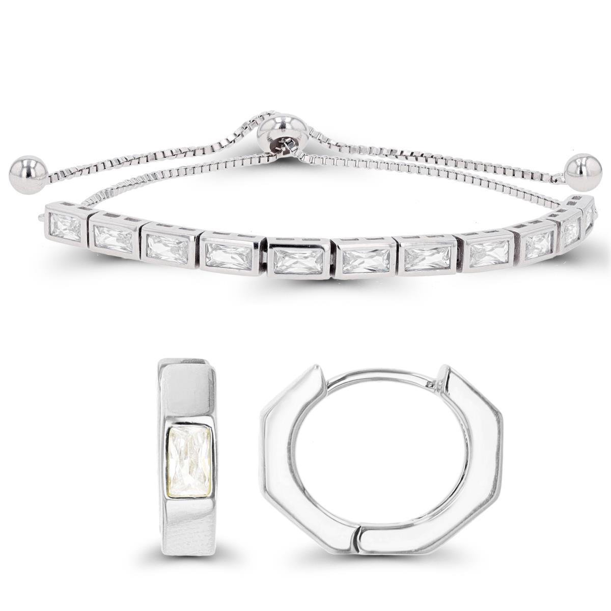 Sterling Silver Rhodium 3.70MM Bezel Bracelet & 13X3.5MM Octagon Earrings Set