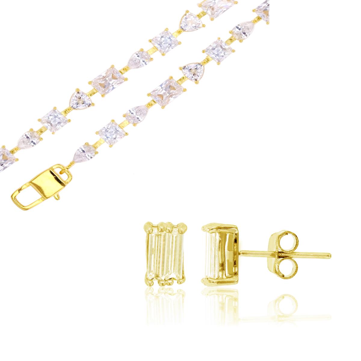 Sterling Silver Yellow 5.5MM Multishape Bracelet & 4.00X6.00MM Baguette Earrings Set