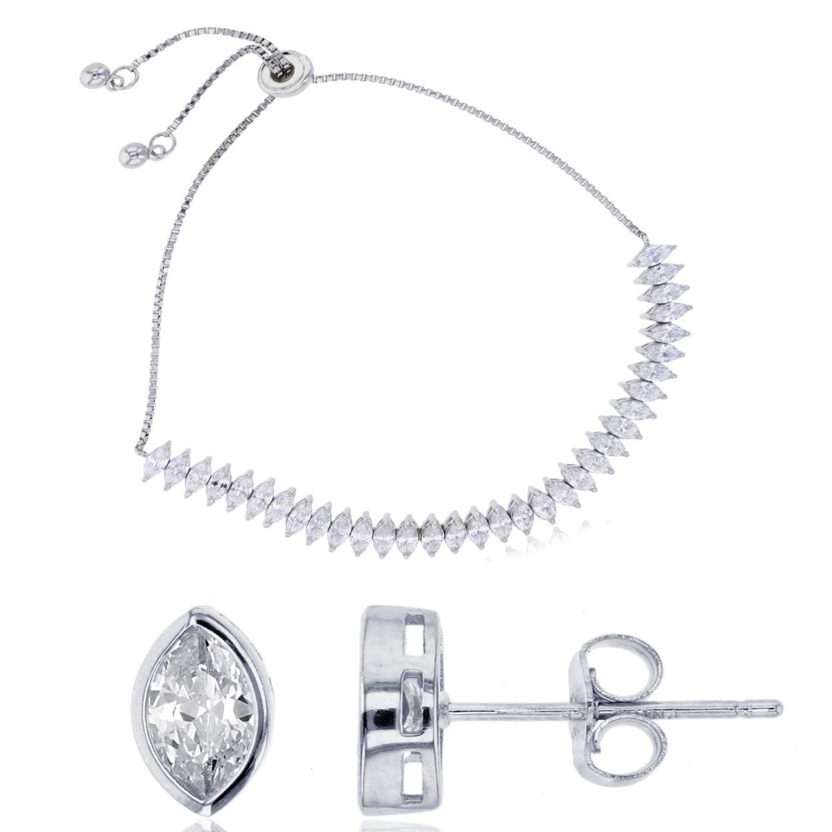 Sterling Silver Rhodium 6MM Marquise Bracelet & 9.5X5MM Stud Earrings Set