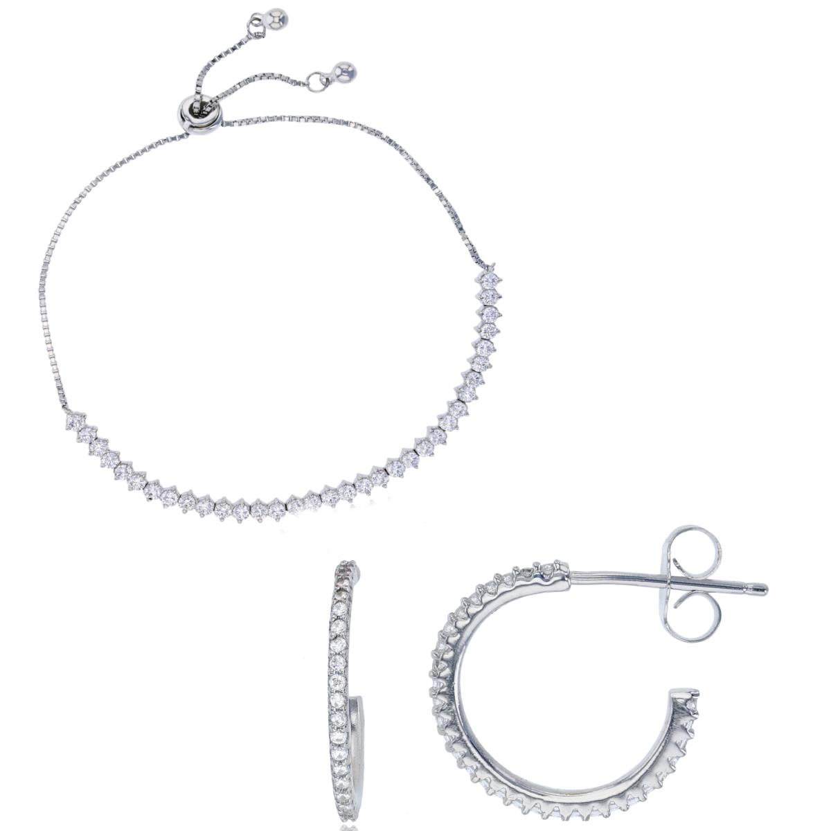 Sterling Silver Rhodium 4MM Adjustable Bracelet & 16X1.3MM Half Hoop Earrings Set