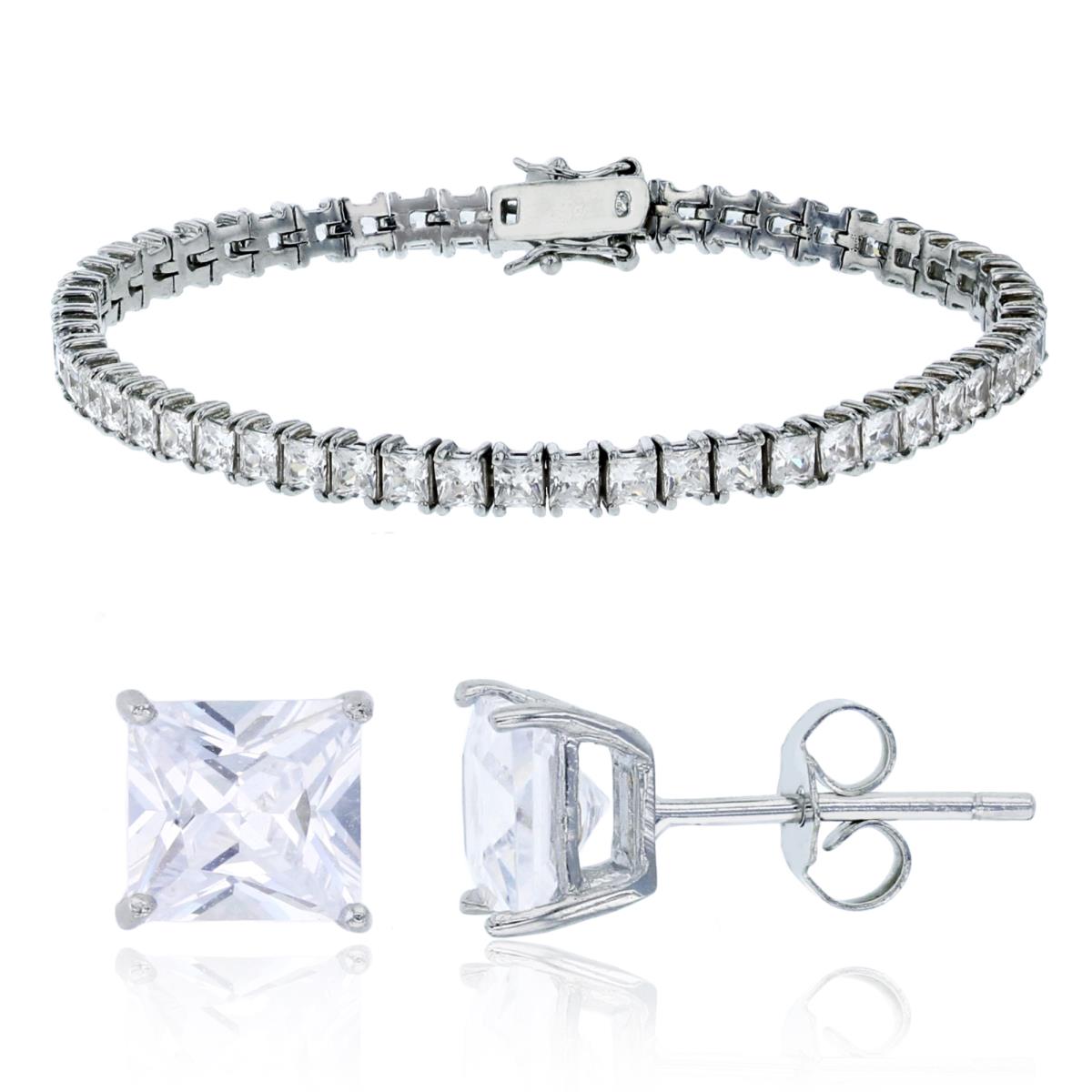 Sterling Silver Rhodium 3.00MM Princess Cut Bracelet & 6X6MM Solitaire Earrings Set