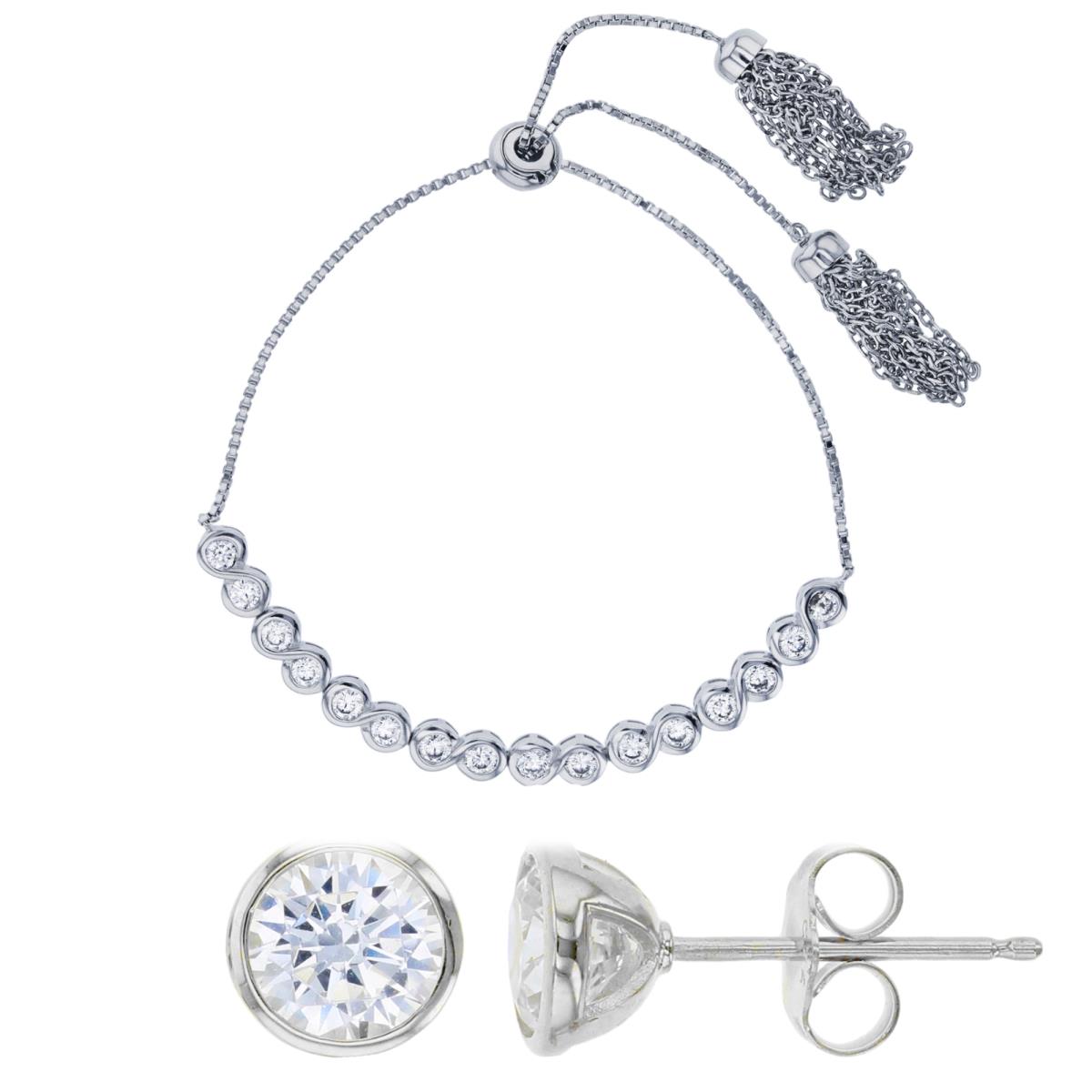Sterling Silver Rhodium 4.50MM Bezel Infinity Bracelet & 7X7MM Solitaire Earrings Set