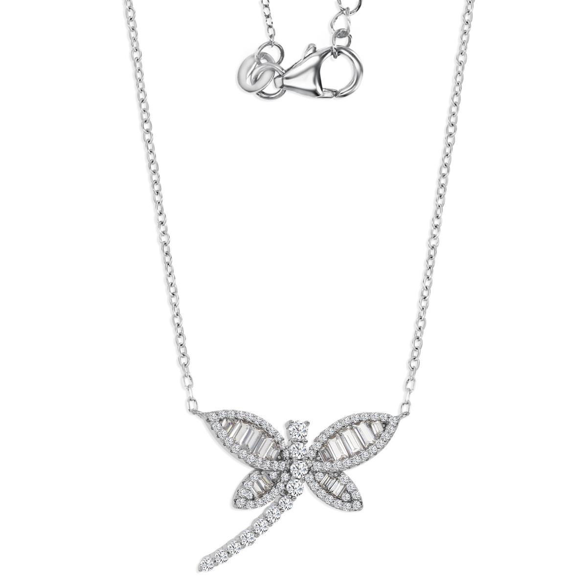 Sterling Silver Rhodium 25X20MM Polished White CZ Dragonfly 18+2" Necklace