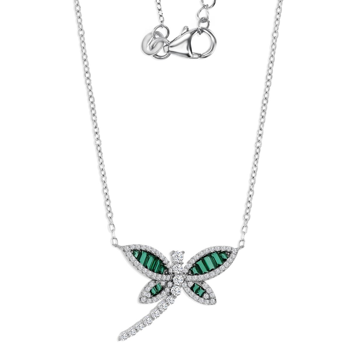 Sterling Silver Rhodium 25X20MM Polished Green Nano & White CZ Dragonfly 18+2" Necklace