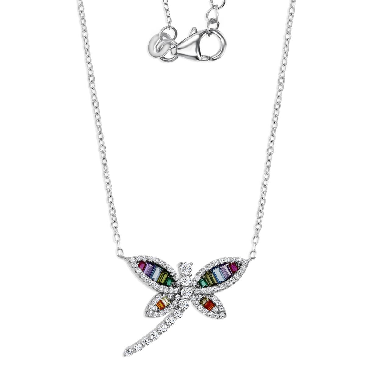 Sterling Silver Rhodium 25X20MM Polished Multi Color & White CZ Dragonfly 18+2" Necklace