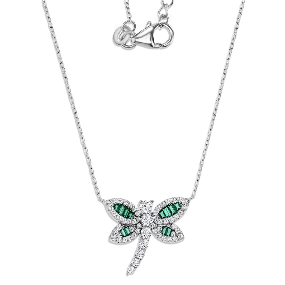 Sterling Silver Rhodium 22X18MM Polished Green Nano & White CZ Dragonfly 16+2" Necklace