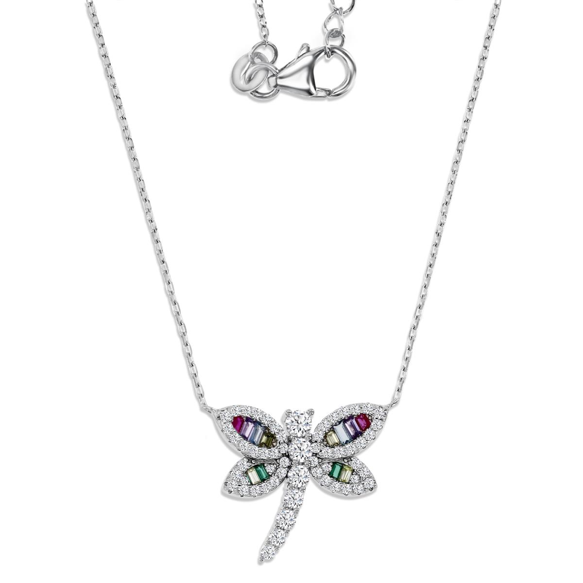 Sterling Silver Rhodium 22X18MM Polished Multi Color & White CZ Dragonfly 16+2" Necklace