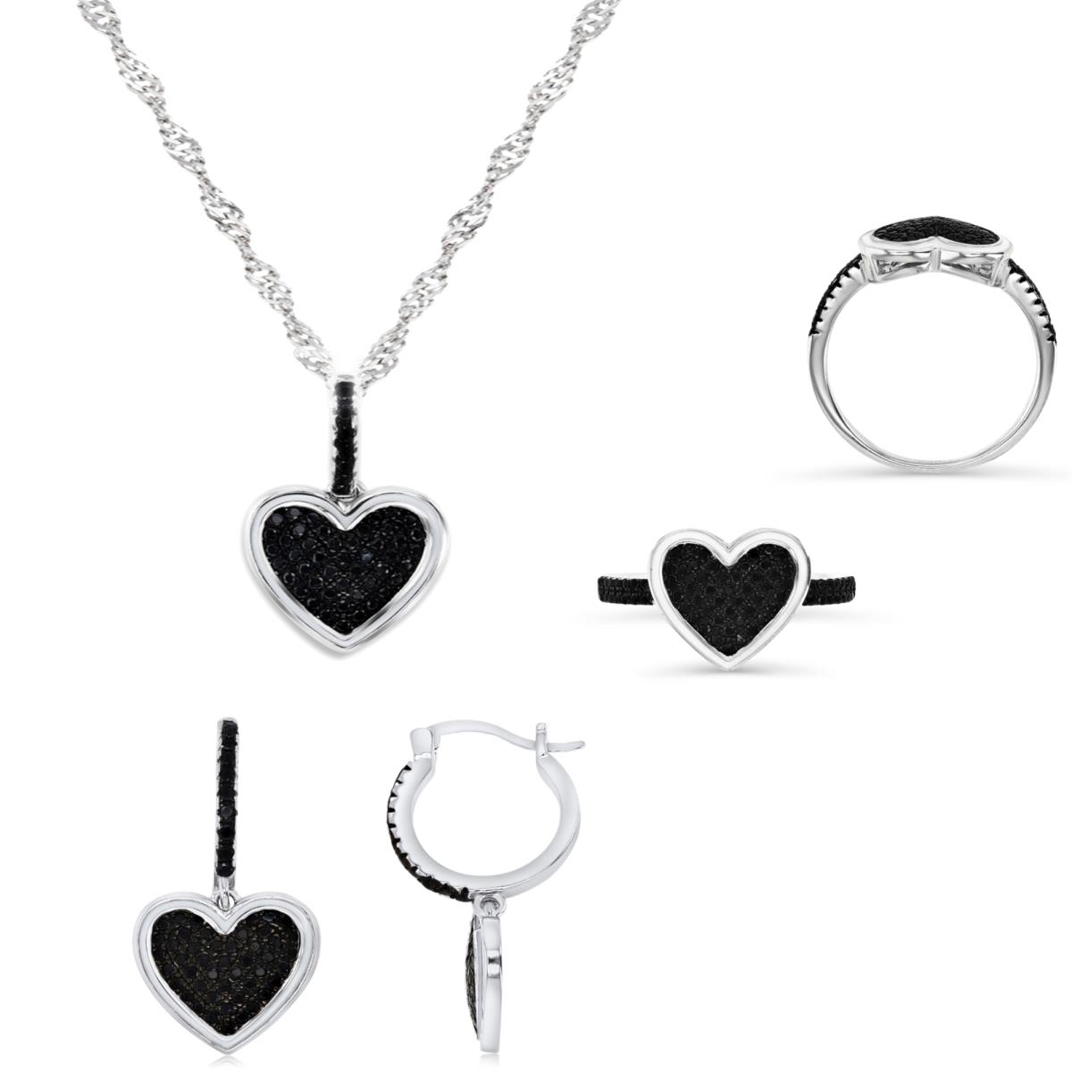 Sterling Silver Black & White 12MM Ring 28X13MM Earrings 28X13MM Black Spinel Heart Necklace Singapore Set