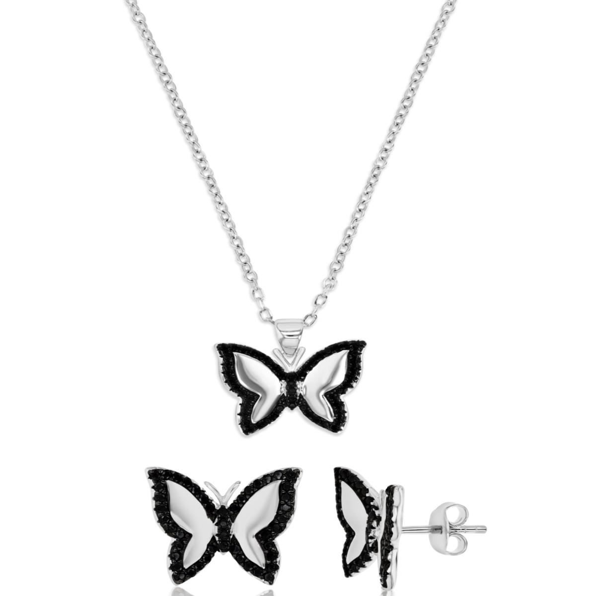 Sterling Silver Black & White Polished Black Spinel Butterfly Singapore Necklace &15X12MM Earrings Set
