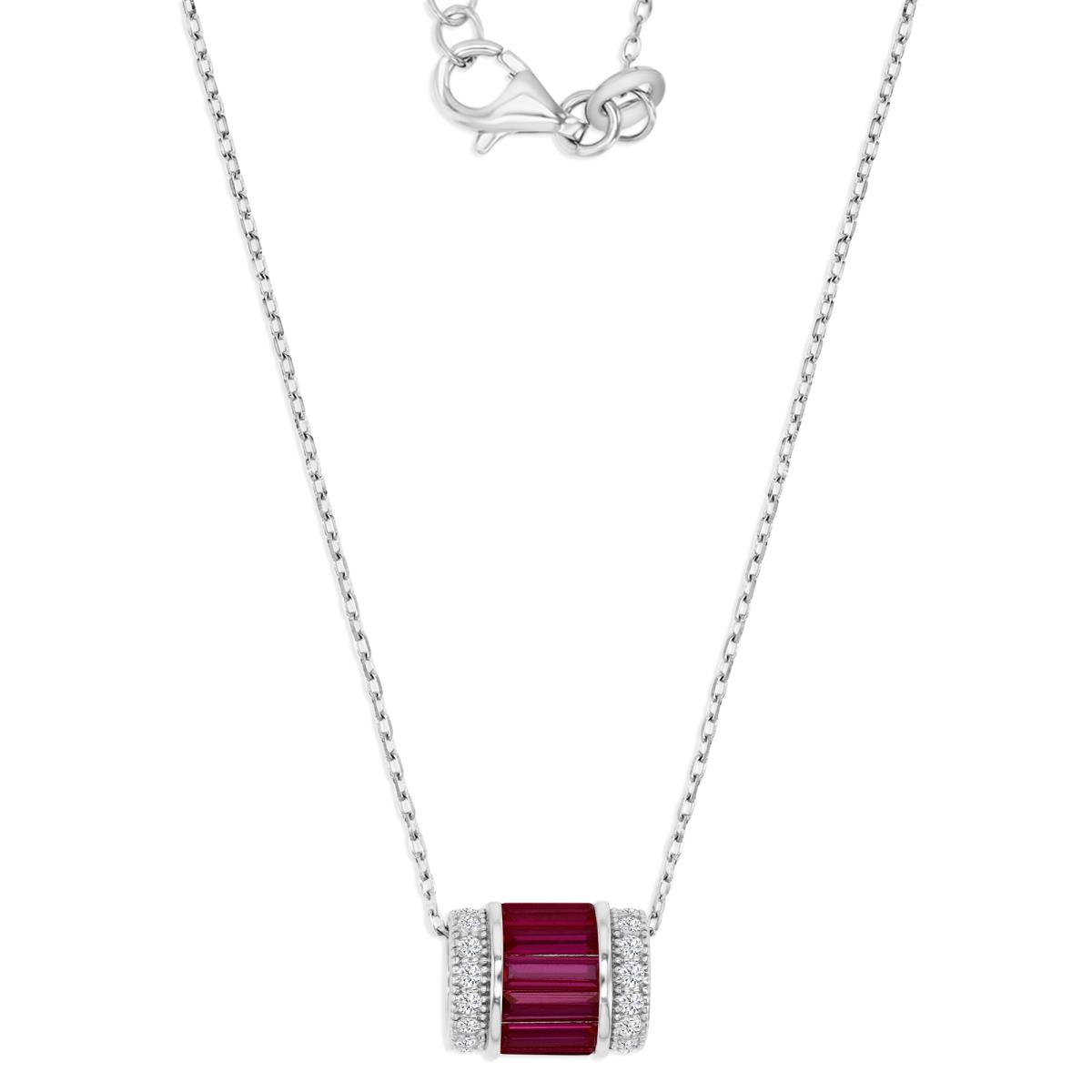 Sterling Silver Rhodium 12X9MM Polished Cr Ruby & Cr White Sapphire Baguette 16+2" Necklace