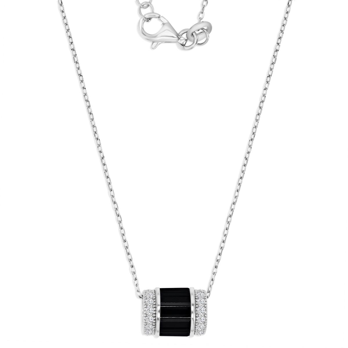 Sterling Silver Rhodium 12X9MM Polished Black Spinel & Cr White Sapphire Baguette 16+2" Necklace