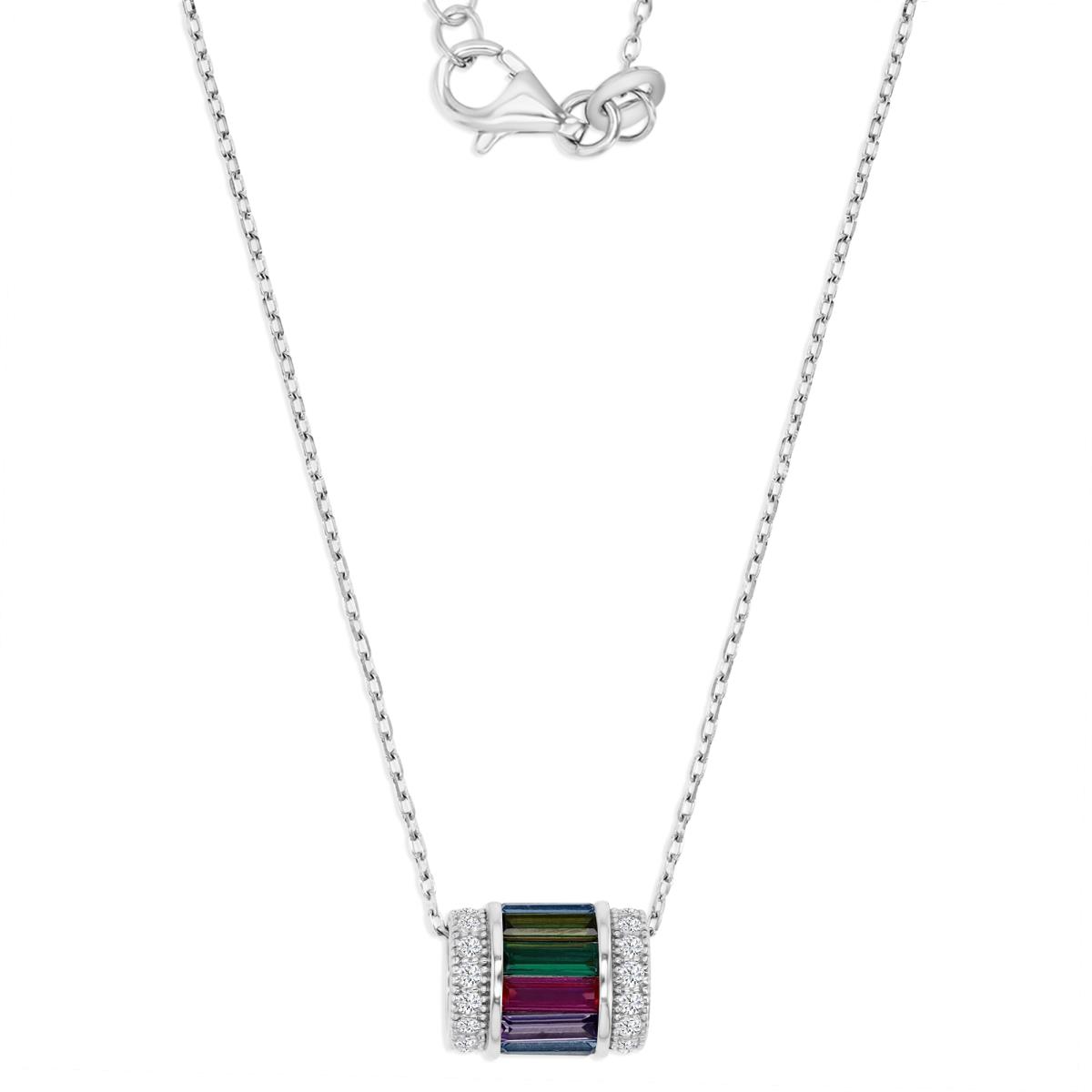 Sterling Silver Rhodium 12X9MM Polished Multi Color & White CZ Baguette 16+2" Necklace