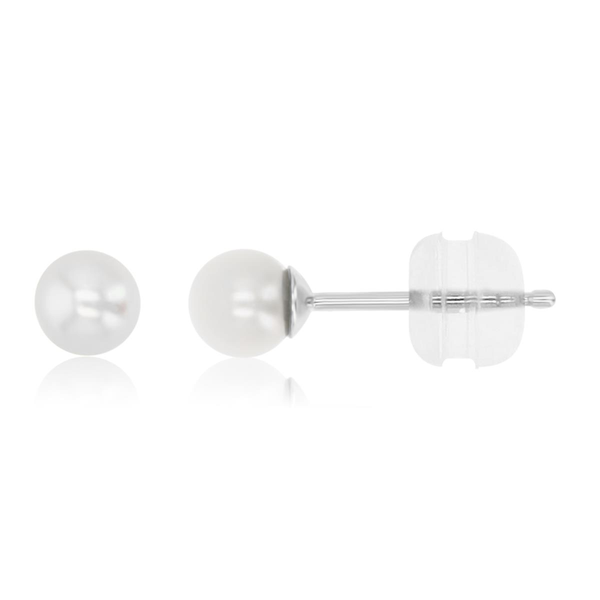 Sterling Silver Rhodium Polished 4MM White Fresh Pearl Stud Earrings
