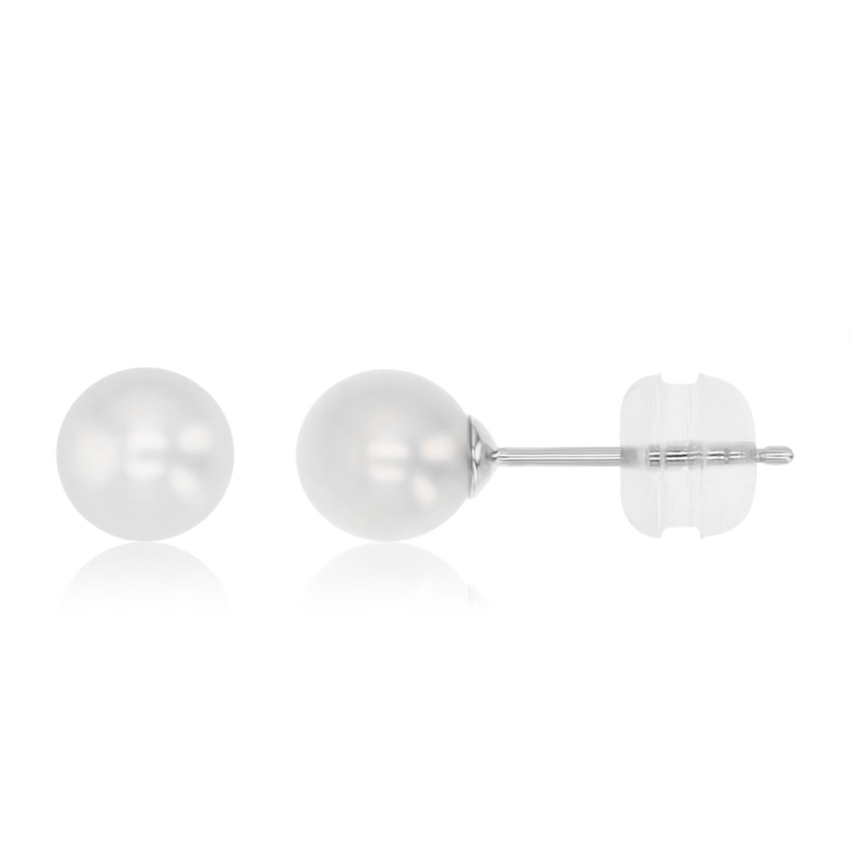 Sterling Silver Rhodium Polished 6MM White Fresh Pearl Stud Earrings