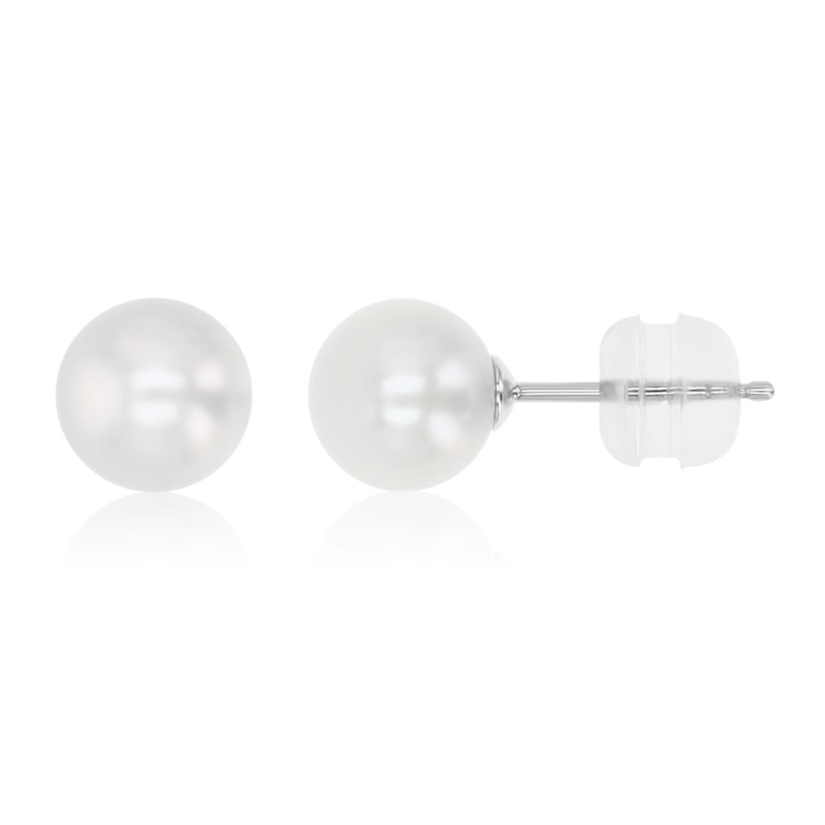 Sterling Silver Rhodium Polished 7MM White Fresh Pearl Stud Earrings