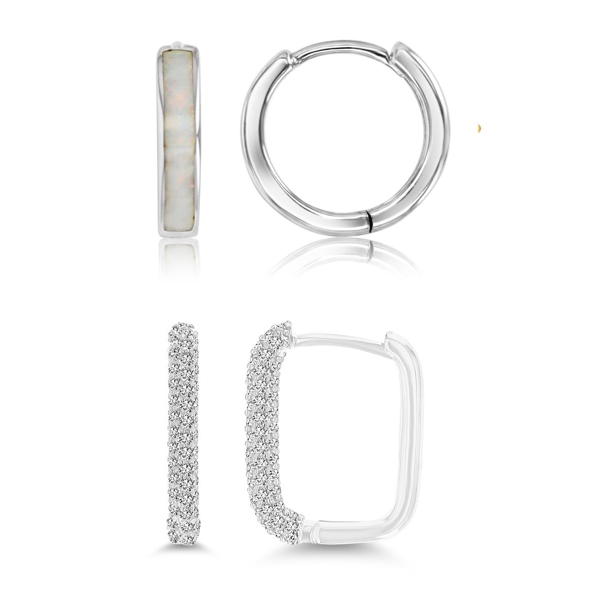 Sterling Silver Rhodium 14X3MM &15X2.30MM Polished Cr White Opal/White CZ Earrings Set
