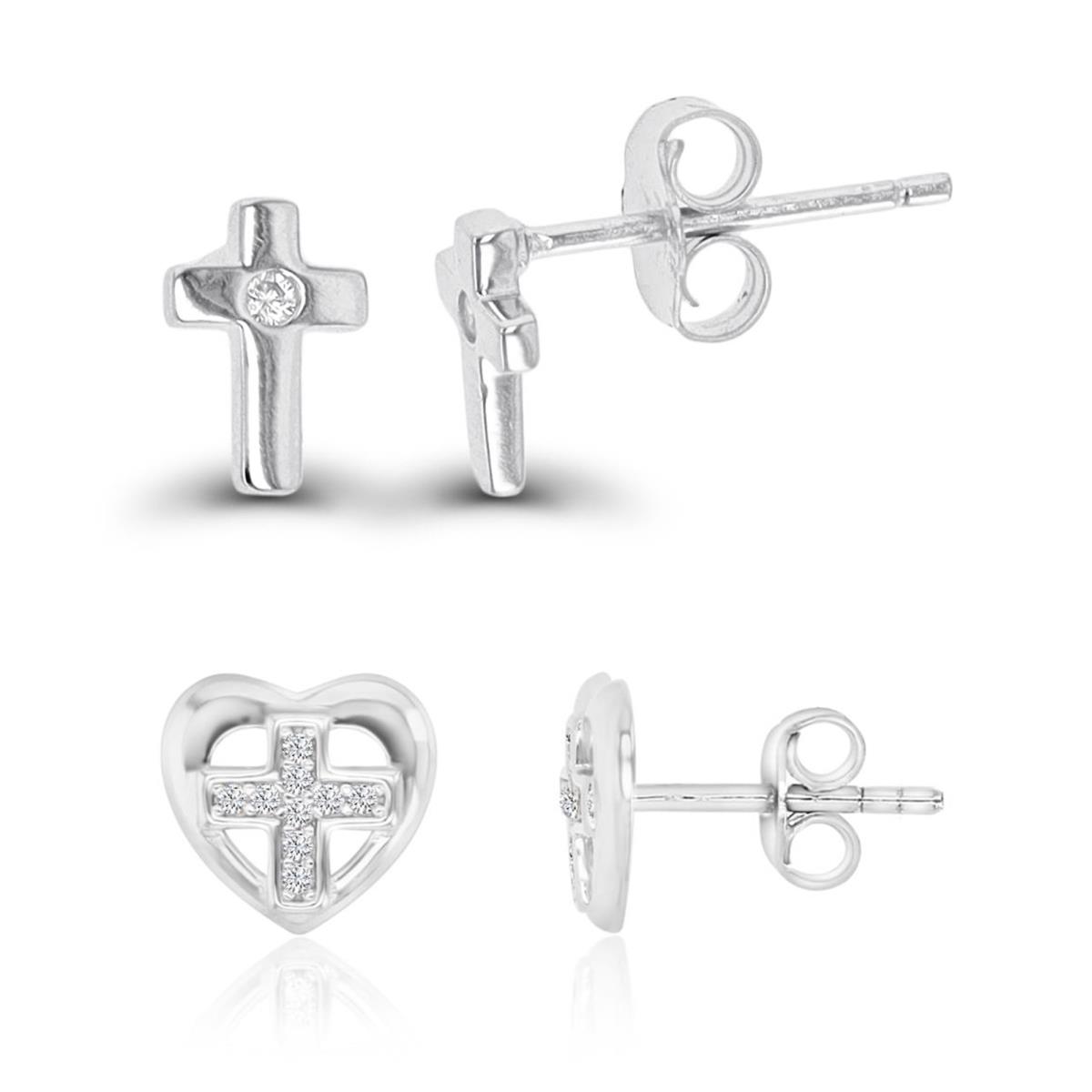 Sterling Silver Rhodium 8X5MM Polished White CZ Cross & Heart Earrings Set